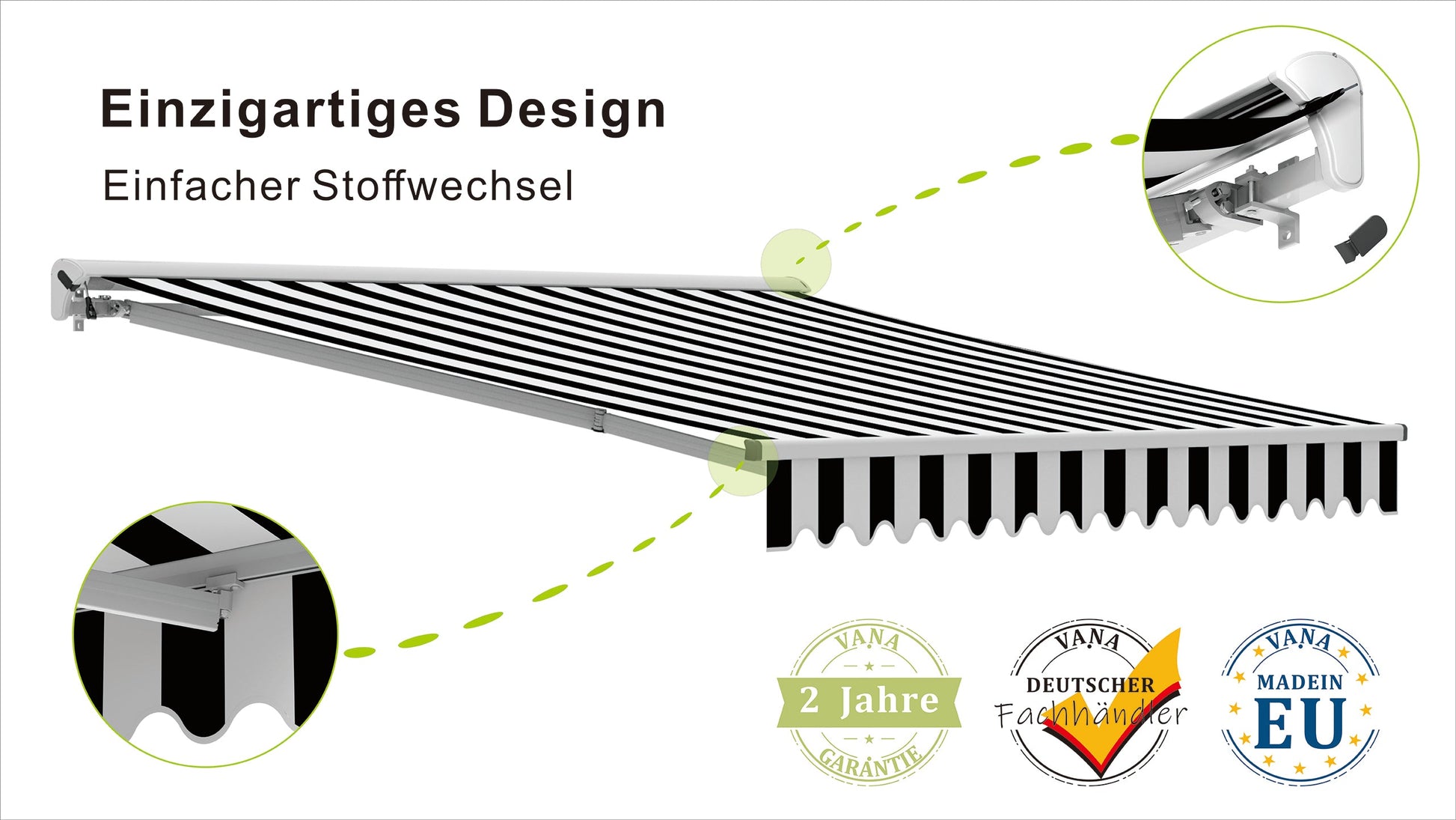VANA Elektrische Halbkassettenmarkise Weiß LED & Motor SP1201EMLW - Vana Deutschland Sunavo