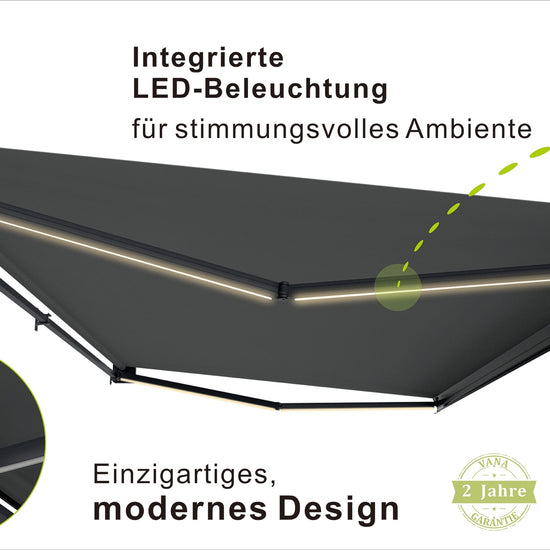 VANA Elektrische Vollkassettenmarkise Hellgrau RAL 7004 LED & Motor SP1308EML - Vana Deutschland Sunavo