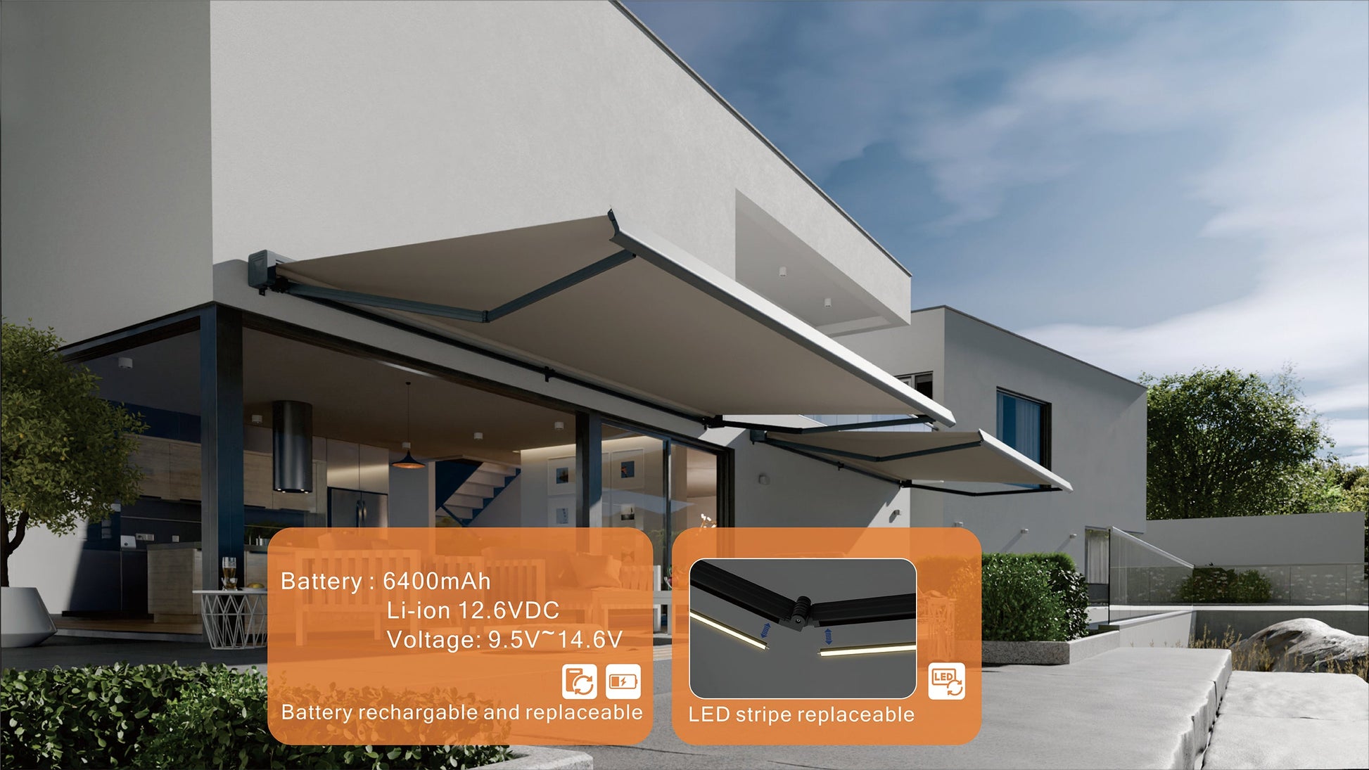 VANA Elektrische Vollkassettenmarkise Hellgrau RAL 7004 LED & Motor SP1308EML - Vana Deutschland Sunavo