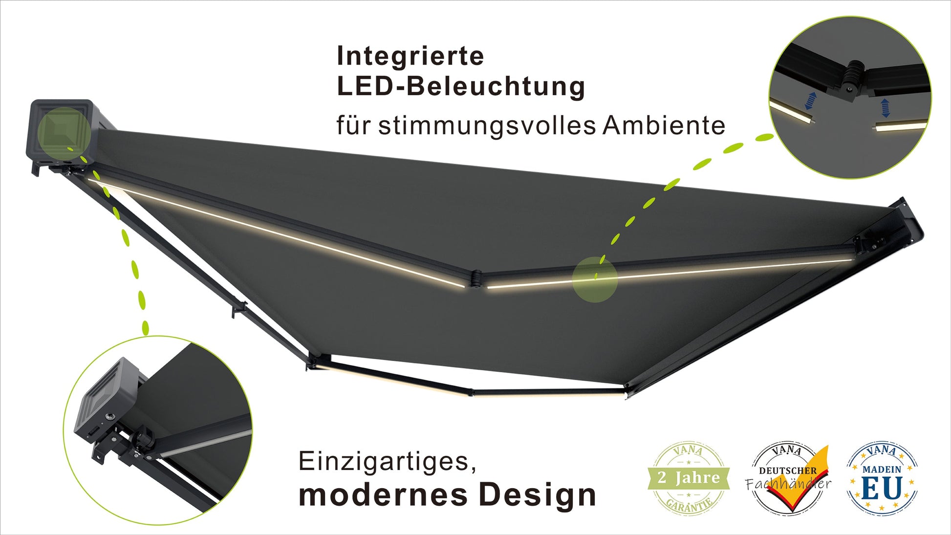 VANA Elektrische Solar-Vollkassettenmarkise Dunkelgrau RAL 7012 inkl. LED & Motor SP1308EMSL - Vana Deutschland Sunavo