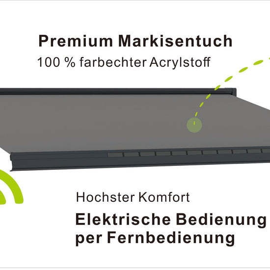 VANA Elektrische Solar-Vollkassettenmarkise Dunkelgrau RAL 7012 inkl. LED & Motor SP1308EMSL - Vana Deutschland Sunavo