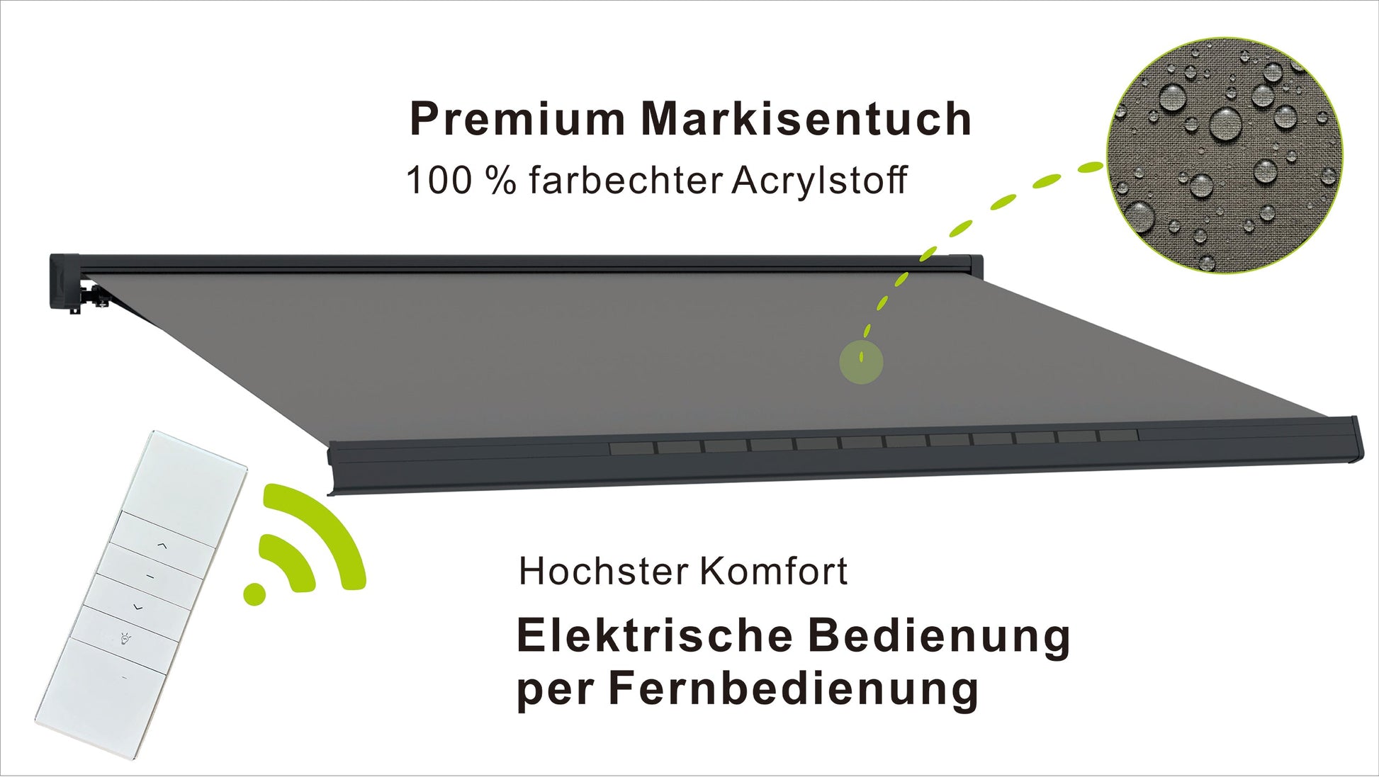 VANA Elektrische Solar-Vollkassettenmarkise Dunkelgrau RAL 7012 inkl. LED & Motor SP1308EMSL - Vana Deutschland Sunavo