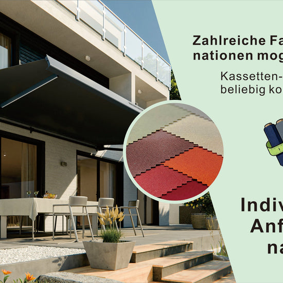 VANA Elektrische Solar-Vollkassettenmarkise Dunkelgrau RAL 7012 inkl. LED & Motor SP1308EMSL - Vana Deutschland Sunavo