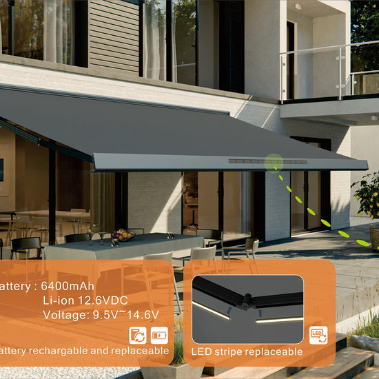 VANA Elektrische Solar-Vollkassettenmarkise Dunkelgrau RAL 7012 inkl. LED & Motor SP1308EMSL - Vana Deutschland Sunavo