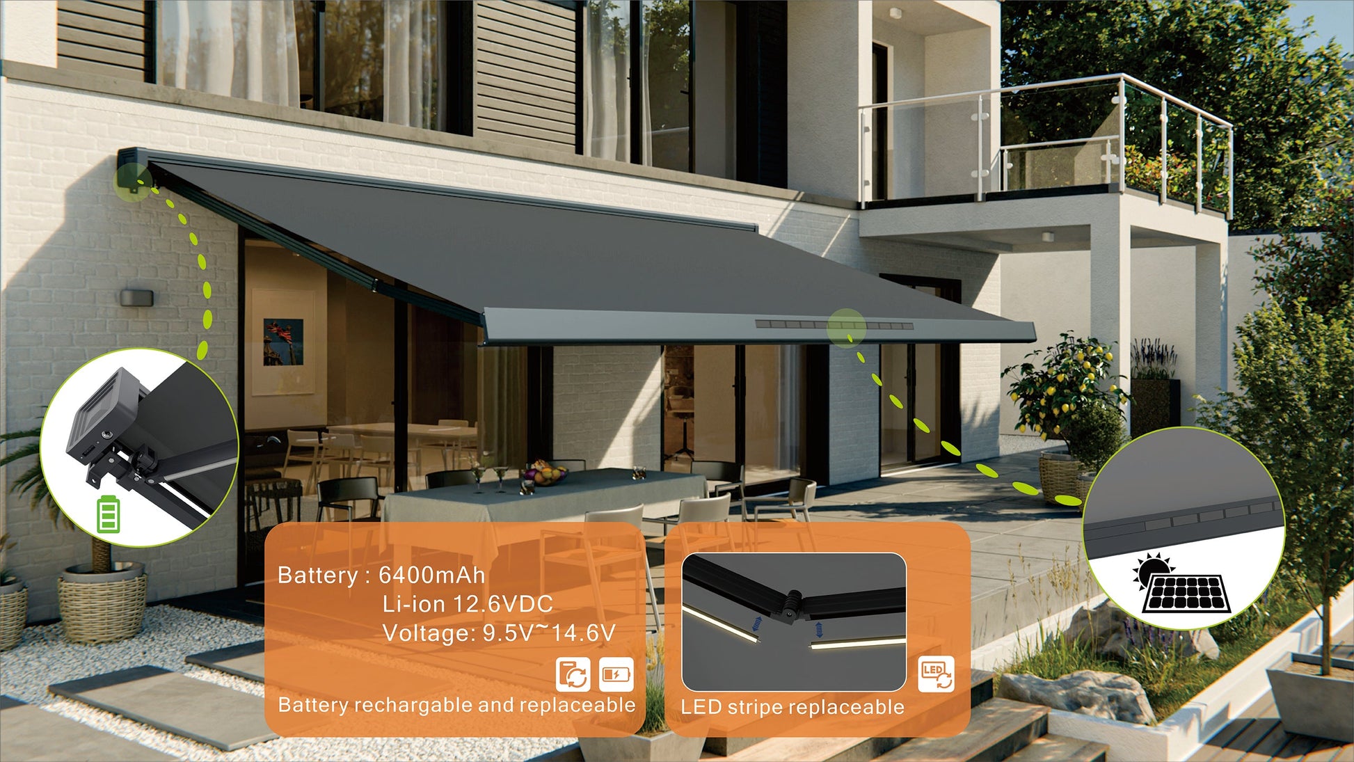 VANA Elektrische Solar-Vollkassettenmarkise Dunkelgrau RAL 7012 inkl. LED & Motor SP1308EMSL - Vana Deutschland Sunavo