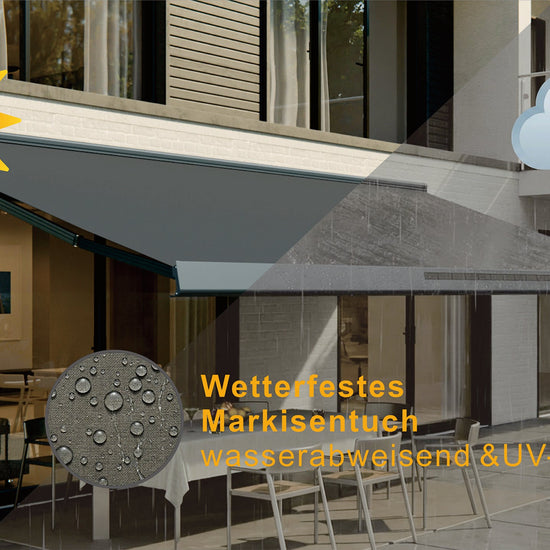 VANA Elektrische Solar-Vollkassettenmarkise Dunkelgrau RAL 7012 inkl. LED & Motor SP1308EMSL - Vana Deutschland Sunavo