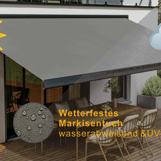 VANA Elektrische Solar-Vollkassettenmarkise Hellgrau RAL 7004 inkl. LED & Motor SP1308EMSL - Vana Deutschland Sunavo