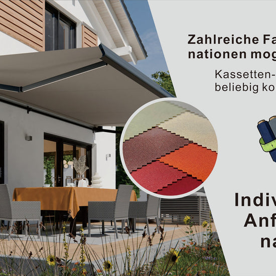 VANA Elektrische Solar-Vollkassettenmarkise Hellgrau RAL 7004 inkl. LED & Motor SP1308EMSL - Vana Deutschland Sunavo