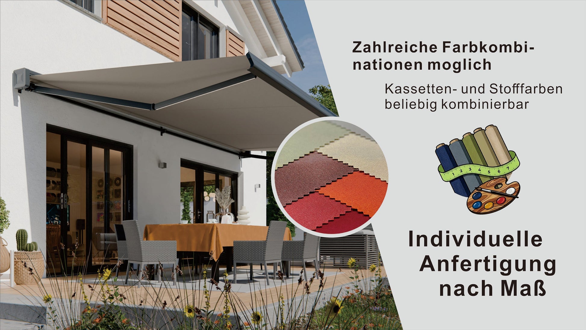 VANA Elektrische Solar-Vollkassettenmarkise Hellgrau RAL 7004 inkl. LED & Motor SP1308EMSL - Vana Deutschland Sunavo