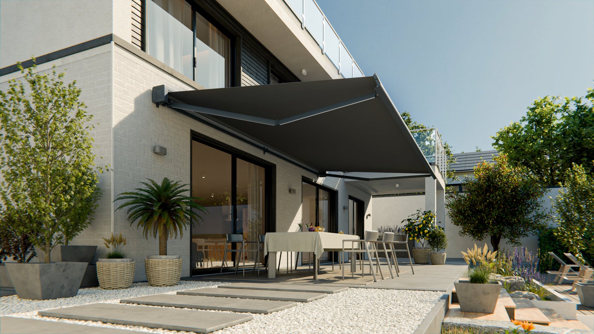 VANA Elektrische Solar-Vollkassettenmarkise Dunkelgrau RAL 7012 inkl. LED & Motor SP1308EMSL - Vana Deutschland Sunavo