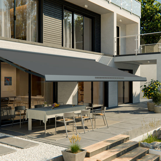VANA Elektrische Solar-Vollkassettenmarkise Dunkelgrau RAL 7012 inkl. LED & Motor SP1308EMSL - Vana Deutschland Sunavo