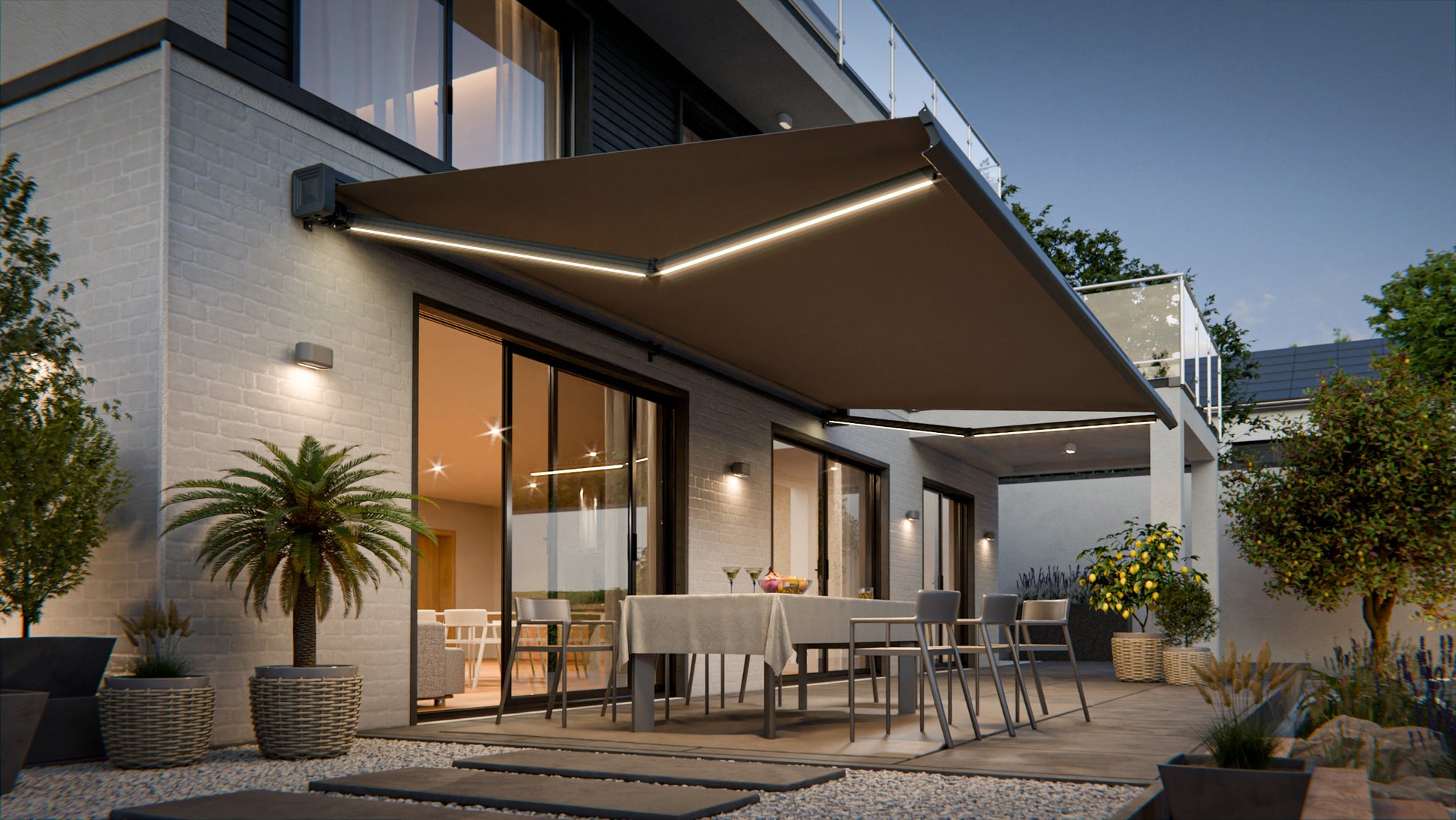 VANA Elektrische Solar-Vollkassettenmarkise Dunkelgrau RAL 7012 inkl. LED & Motor SP1308EMSL - Vana Deutschland Sunavo