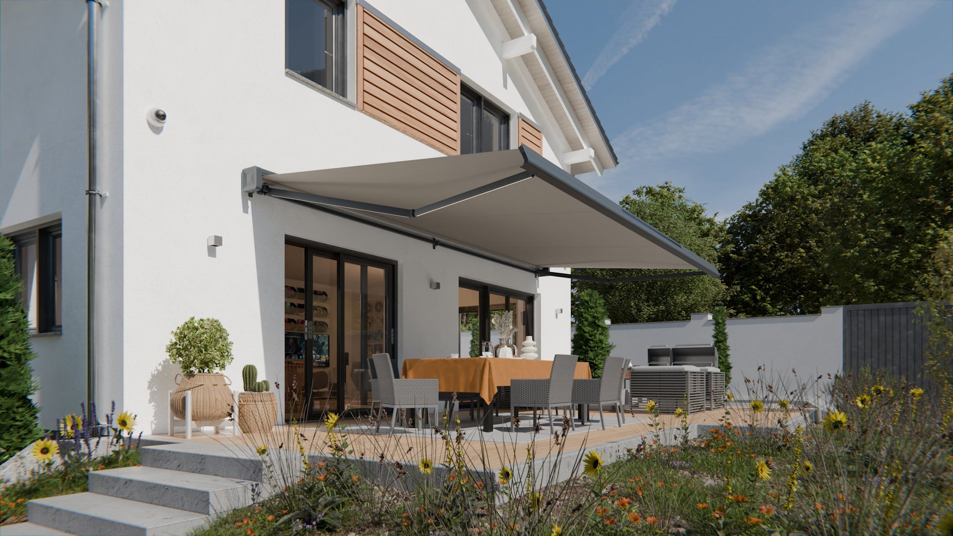 VANA Elektrische Solar-Vollkassettenmarkise Hellgrau RAL 7004 inkl. LED & Motor SP1308EMSL - Vana Deutschland Sunavo