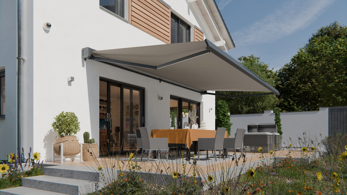 VANA Elektrische Solar-Vollkassettenmarkise Hellgrau RAL 7004 inkl. LED & Motor SP1308EMSL - Vana Deutschland