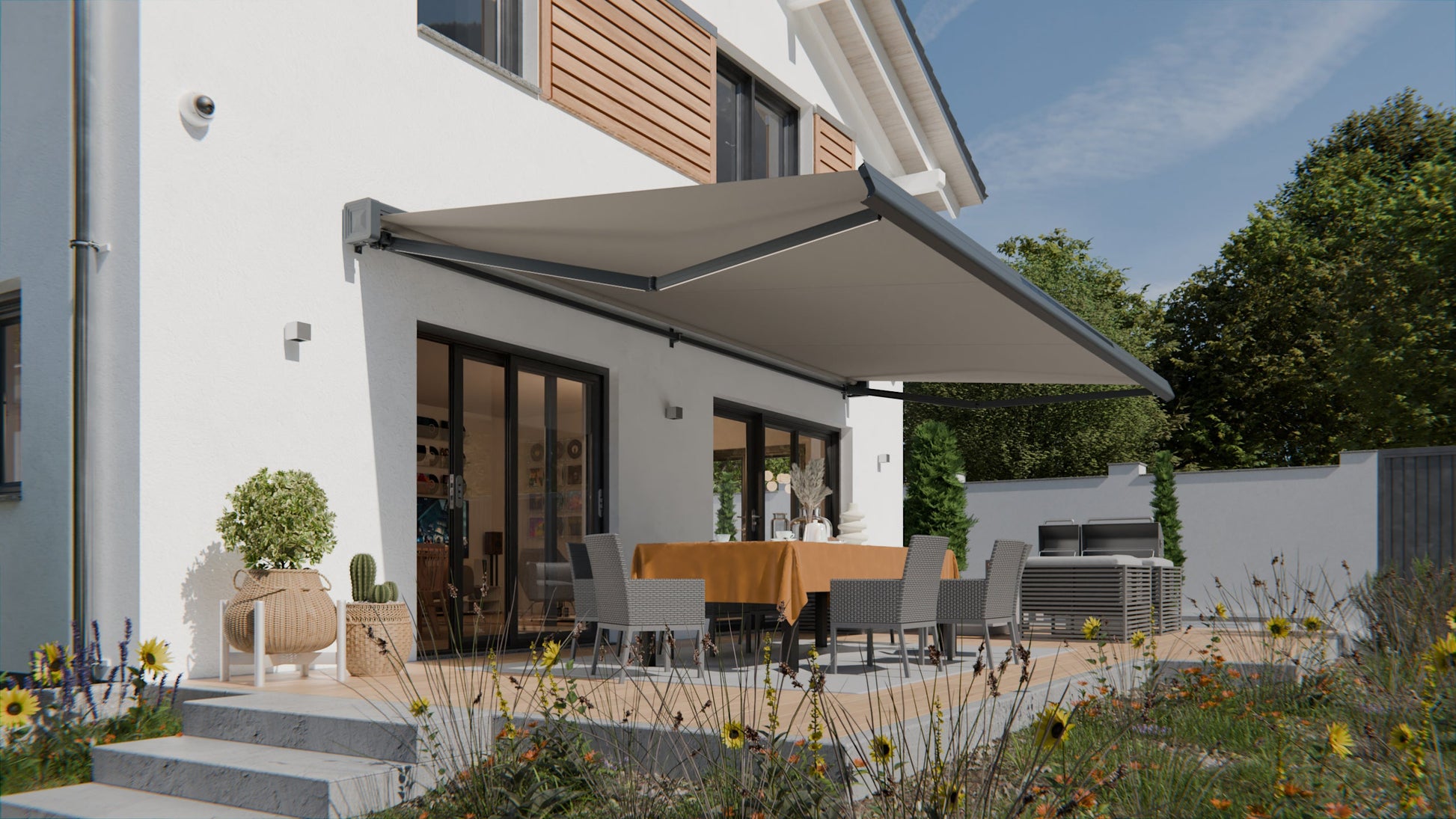 VANA Elektrische Solar-Vollkassettenmarkise Hellgrau RAL 7004 inkl. LED & Motor SP1308EMSL - Vana Deutschland Sunavo