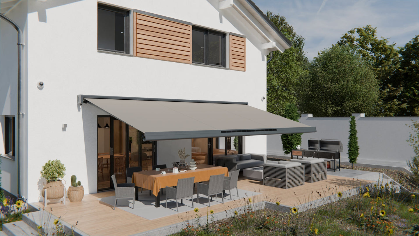 VANA Elektrische Solar-Vollkassettenmarkise Hellgrau RAL 7004 inkl. LED & Motor SP1308EMSL - Vana Deutschland