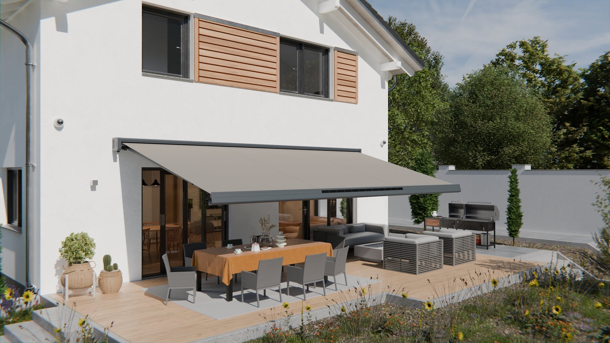 VANA Elektrische Solar-Vollkassettenmarkise Hellgrau RAL 7004 inkl. LED & Motor SP1308EMSL - Vana Deutschland Sunavo