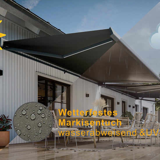 VANA Elektrische Vollkassettenmarkise Dunkelgrau RAL 7012 LED & Motor SP1308EML - Vana Deutschland Sunavo