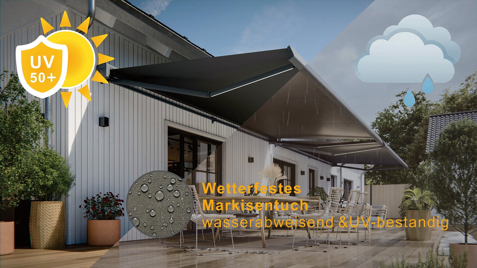 VANA Elektrische Vollkassettenmarkise Dunkelgrau RAL 7012 LED & Motor SP1308EML - Vana Deutschland Sunavo