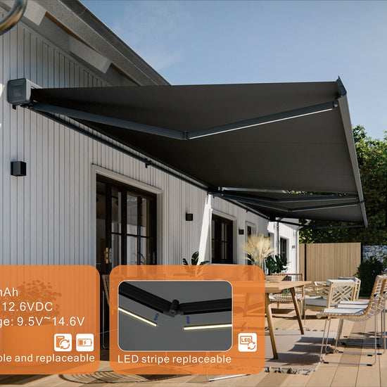 VANA Elektrische Vollkassettenmarkise Dunkelgrau RAL 7012 LED & Motor SP1308EML - Vana Deutschland Sunavo
