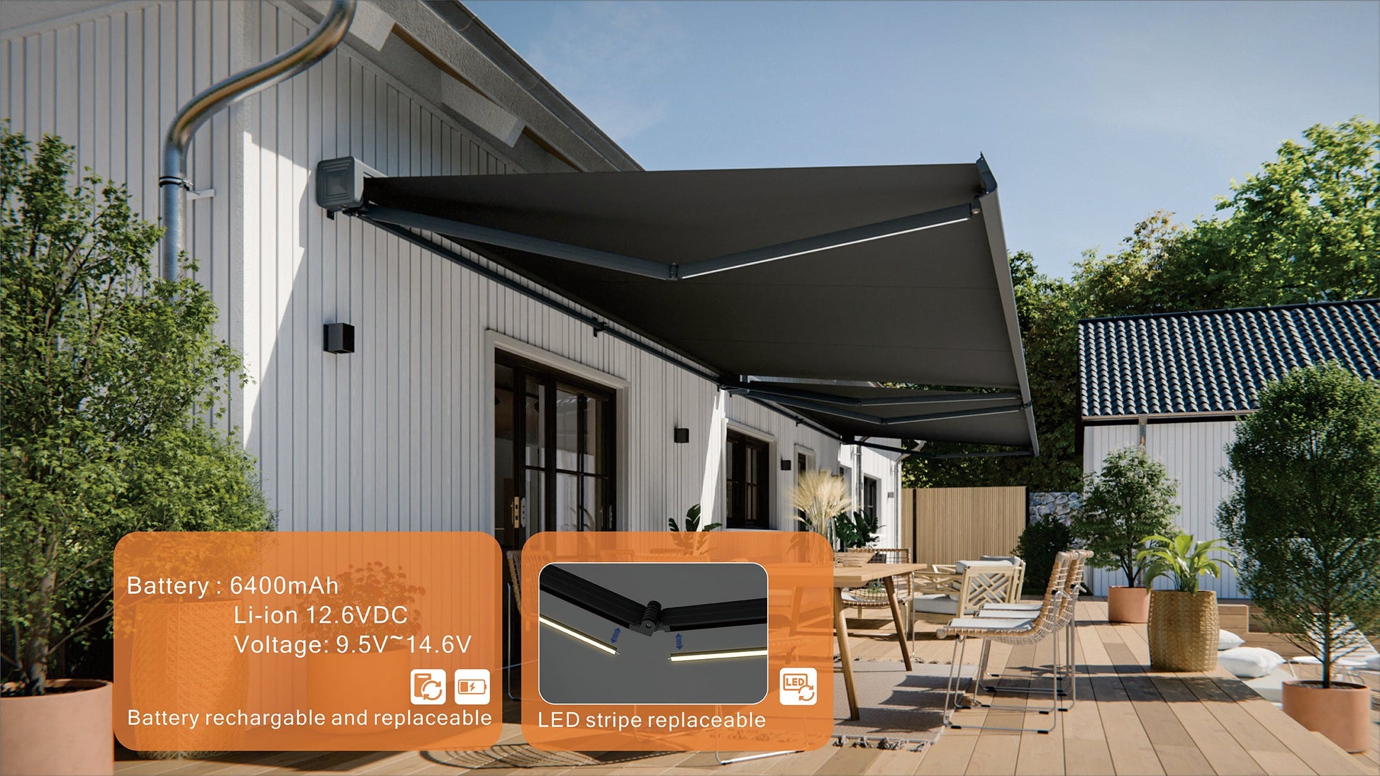 VANA Elektrische Vollkassettenmarkise Dunkelgrau RAL 7012 LED & Motor SP1308EML - Vana Deutschland Sunavo