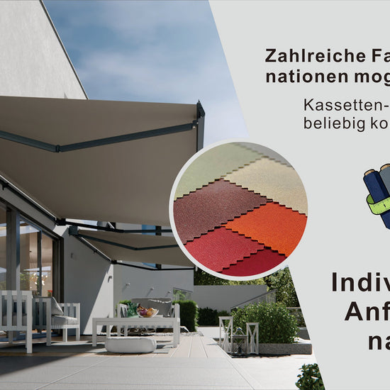 VANA Elektrische Vollkassettenmarkise Hellgrau RAL 7004 LED & Motor SP1308EML - Vana Deutschland Sunavo
