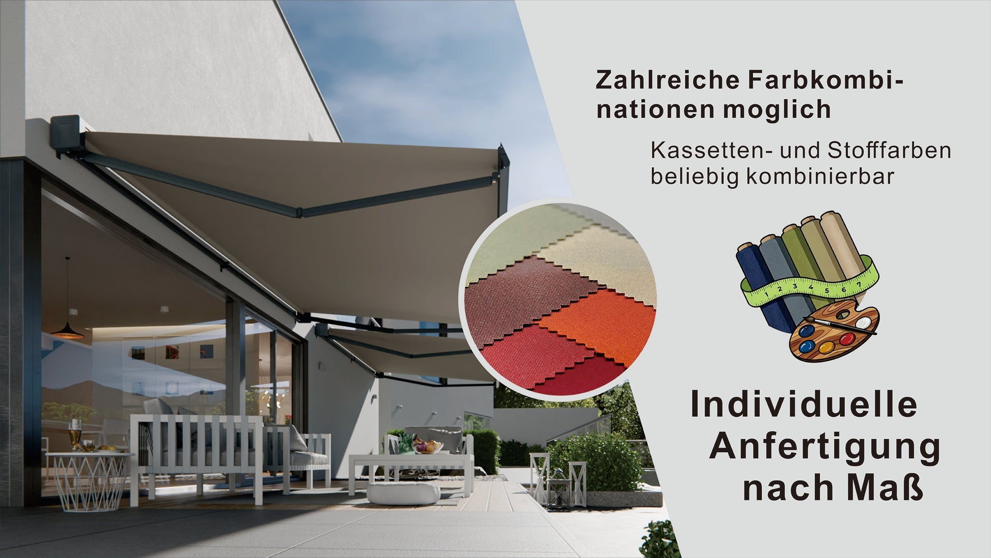 VANA Elektrische Vollkassettenmarkise Hellgrau RAL 7004 LED & Motor SP1308EML - Vana Deutschland Sunavo