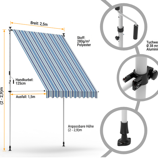 VANA Klemmmarkise 250x150cm Ohne Bohren Höhenverstellbar Weiß - Vana Deutschland Sunavo